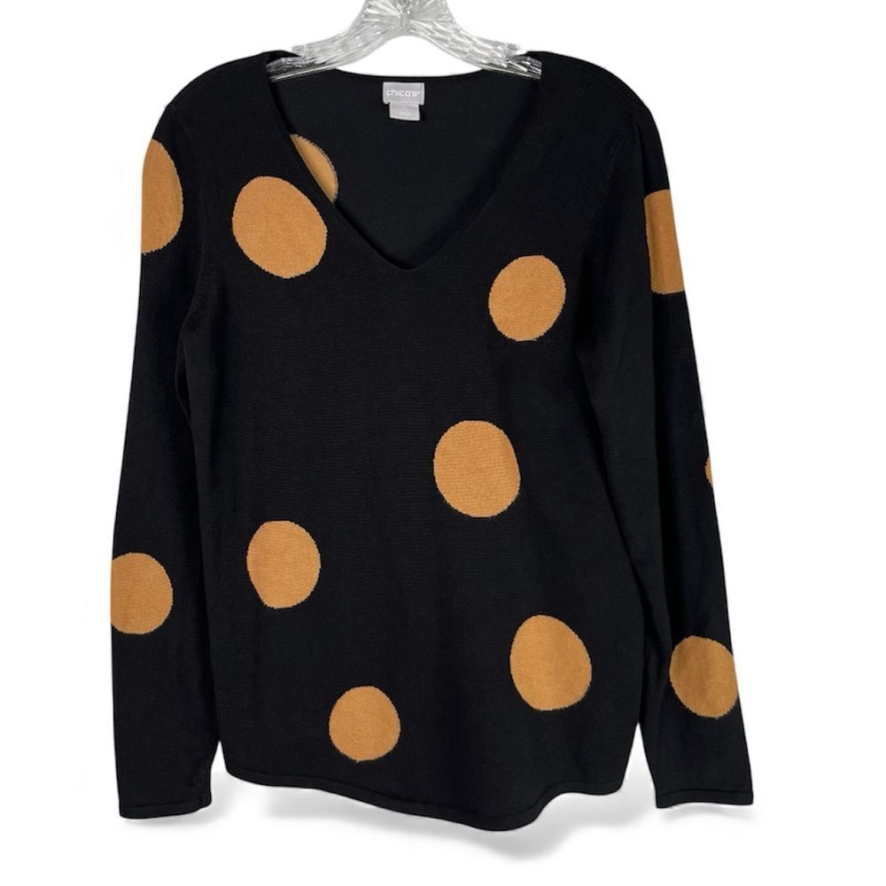 Chico's Sweater Women's S 0 Black Brown Polka Dots V Neck Pullover Long Sleeves